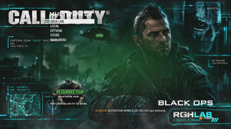 Black Ops multiplayer menu with an RGHLab custom background
