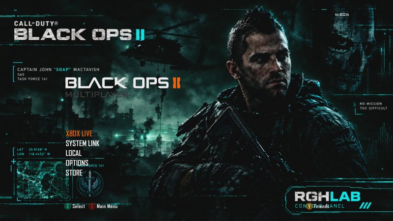 Black Ops II multiplayer menu with an RGHLab custom background
