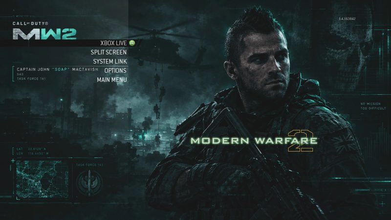 Modern Warfare 2 main menu with an RGHLab custom background