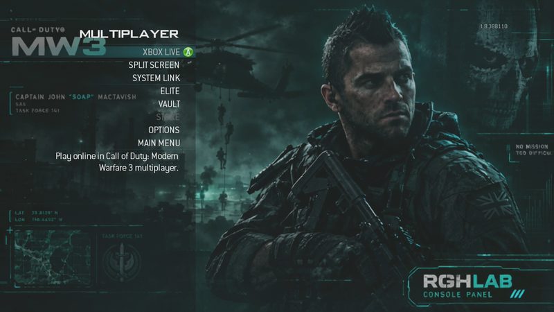 Modern Warfare 3 multiplayer menu with an RGHLab custom background